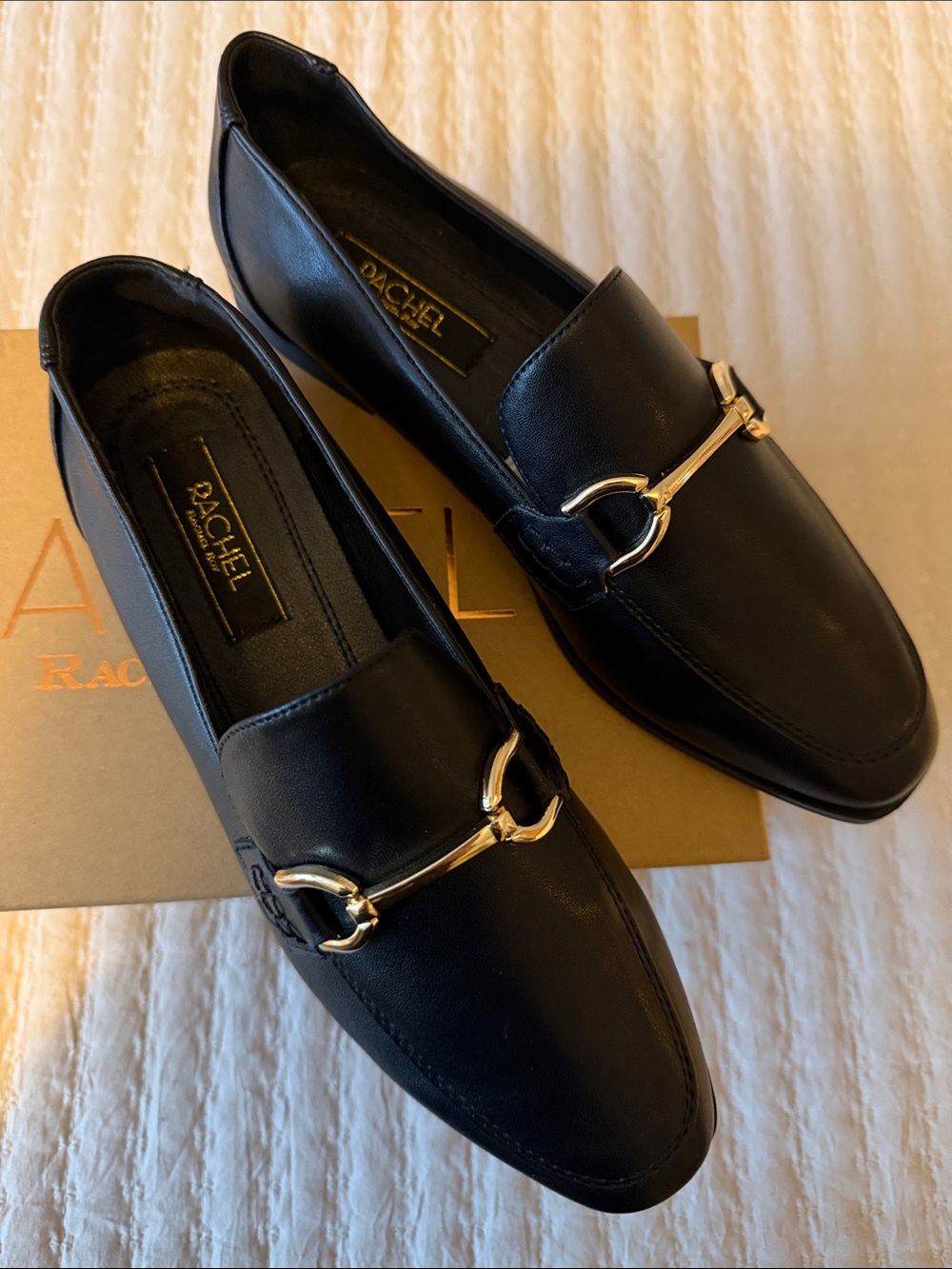 Rachel Roy Black Faux Leather Loafers w/ Gold Bit Hardware On Trend Love 8M